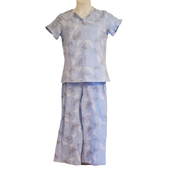 Intimate Essentials S 2 Pc Pajama Sets Pink Floral Blue Butterflies Summer PJs - Picture 2 of 7